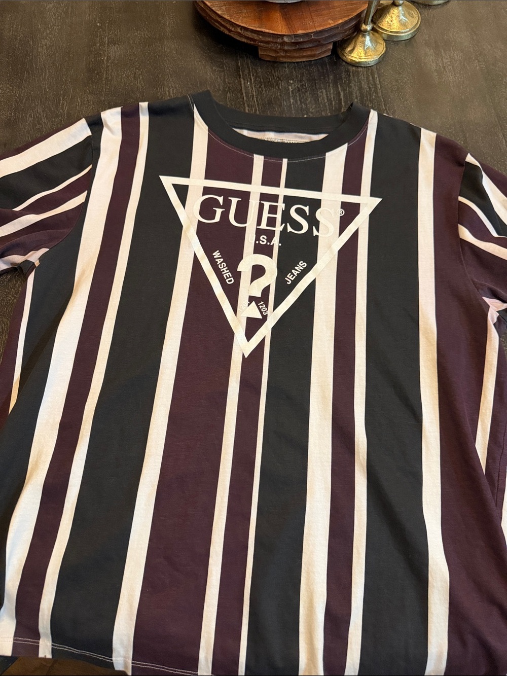 Guess Vertical Stripe Logo Tee in Black, White & Plum